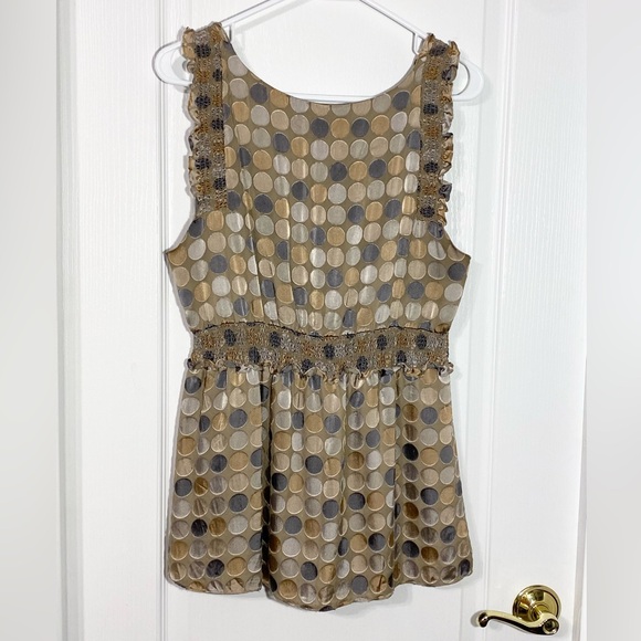 BCBGMaxAzria SILK Blend Empire Waist Polka Dot Sleeveless Blouse, Ruffle Trim - Picture 2 of 7
